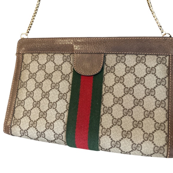 Authentic Vintage Gucci GG Brown & Beige Sherry Line Green/Red Clutch Bag - Picture 8 of 11